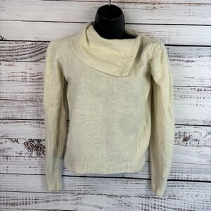 Vintage Silk/Angora Sweater M Pearl Button Cream Cowl Turtleneck Puff Shoulder‎